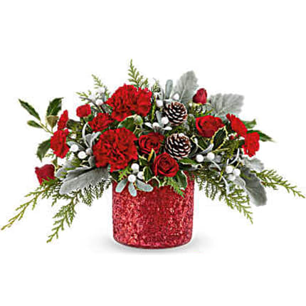Magical Wish Bouquet - Magical Wish Bouquet brings holiday sparkle to life! Red blooms and festive greens shine in the glittering Magical Wish Vase-a dazzling gift for Christmas or any winter celebration.