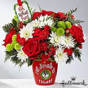 Christmas Jingle  - Red roses, and festive holiday flowers in an adorable keepsake ceramic with a Christmas Bell!