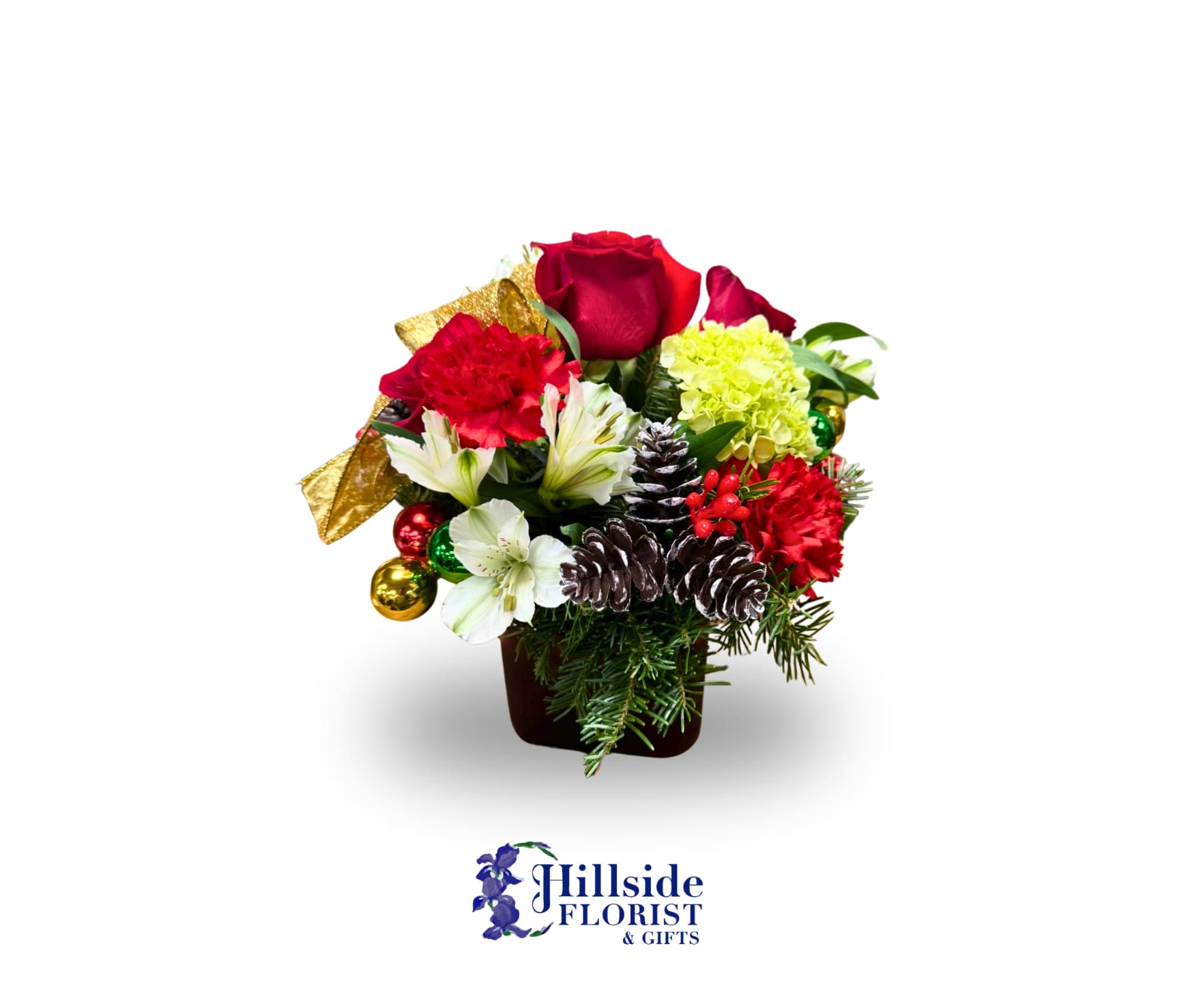 All is Bright - Merry Christmas! This stunning cube arrangement is perfect gift for the holiday. It is sure to make any room it is place Merry and Bright! A beautiful mix of red, white and green will make Mr. Claus skip the cookies and take the arrangement!   LOCAL DELIVERY ONLY 