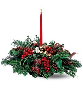 Single Candle Centerpiece - This wintry centerpiece with its holiday decor captures the holiday spirit in all its glory.  Evergreens accented with white asters, along with berries, pinecones, balls and ribbon, together with a red taper candle in a centerpiece tray.  Approximately 19" W x 17" H  Orientation: All-Around  As Shown : TF90-1