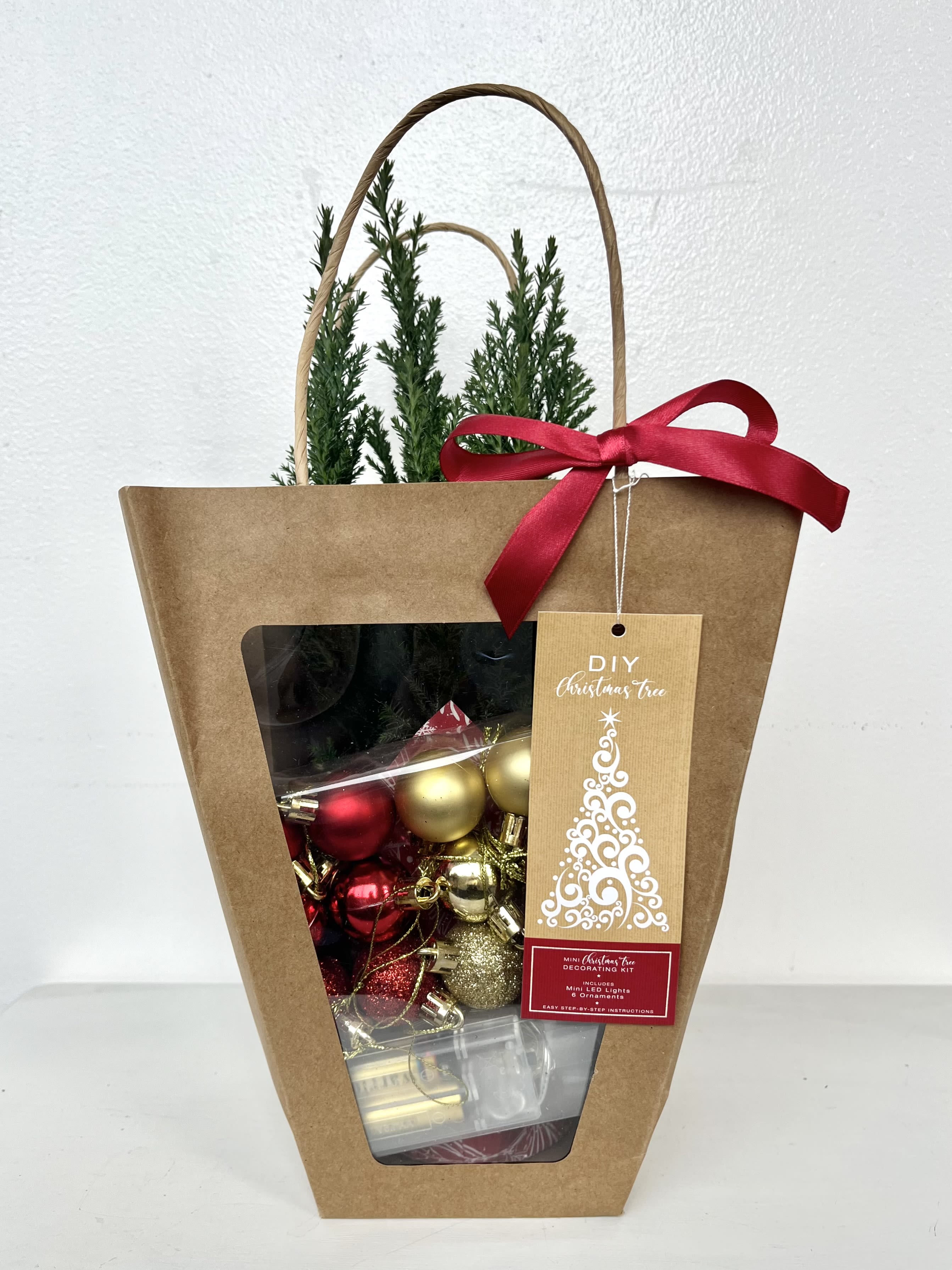 Mini DIY Christmas Tree Decorating Kit - This festive DIY fresh evergreen mini tree comes ready to decorate and includes a strand of mini LED lights plus 12 red and gold ornaments—perfect for adding a touch of holiday cheer to any space!