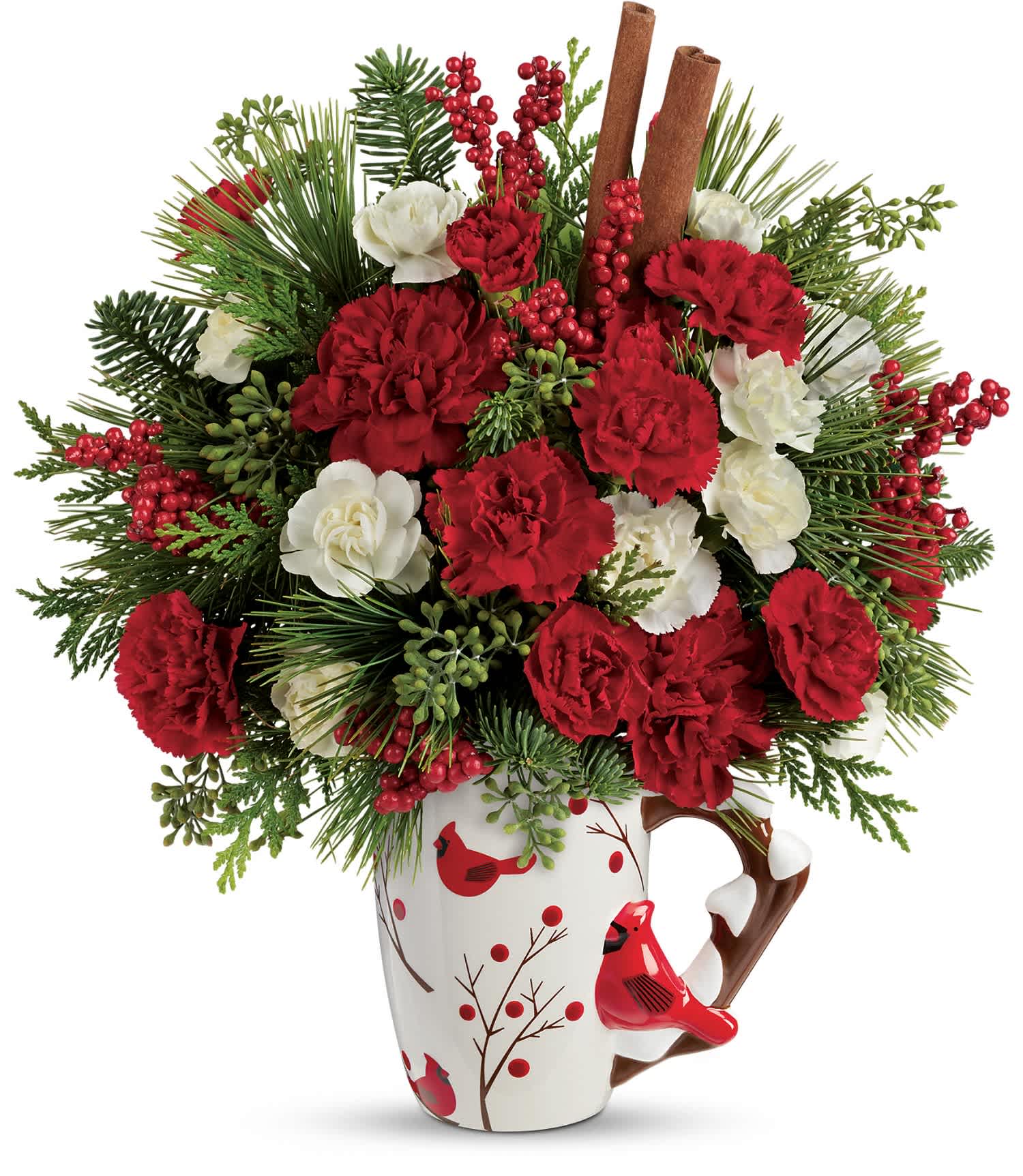 Send a Hug Christmas Cardinal Bouquet - This arrangement of red carnations, white miniature carnations and red miniature carnations is accented with noble fir, white pine, flat cedar and seeded eucalyptus. Delivered in a Christmas Cardinal mug. Approximately 12 1/2" W x 14" H