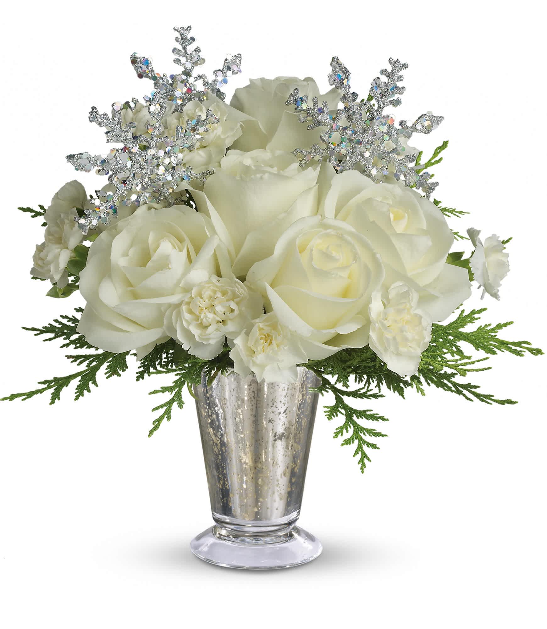 Teleflora's Winter Glow - Gorgeous white roses, asiatic lilies and miniature carnations are beautifully arranged with magical silver snowflakes and delivered in a glamorous silver Mercury Glass Vase. Glow ahead and send this stunner today! Approximately 11" W x 11 1/2" H.  T133-1A