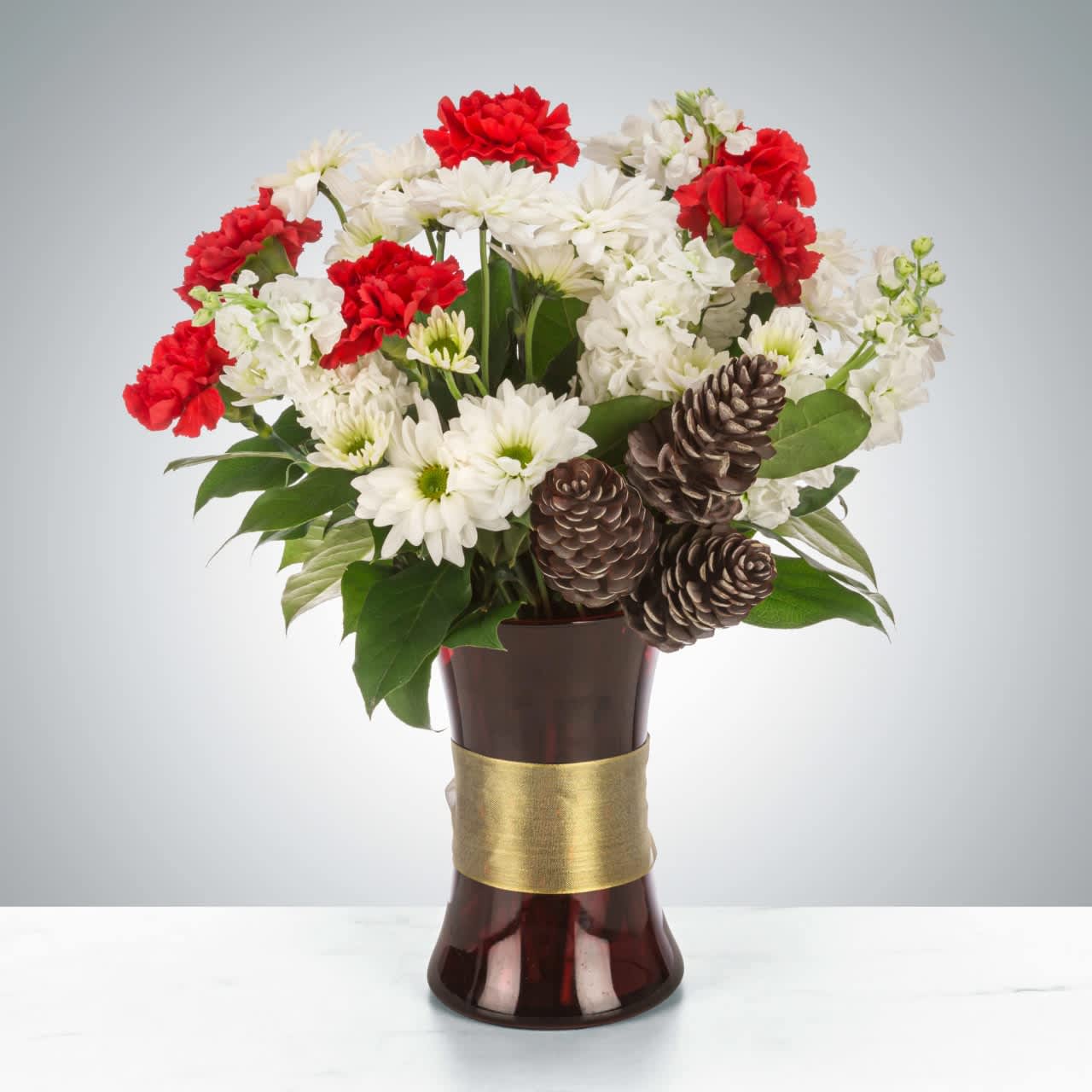 Joy to the World  - Even if you are not into caroling, you can still bring joy to your neighbors, friends, and family! Send this arrangement featuring red carnations, white stock, and pinecones to wish the recipient a happy holiday!  Approximate Dimensions: 11"D x 14"H