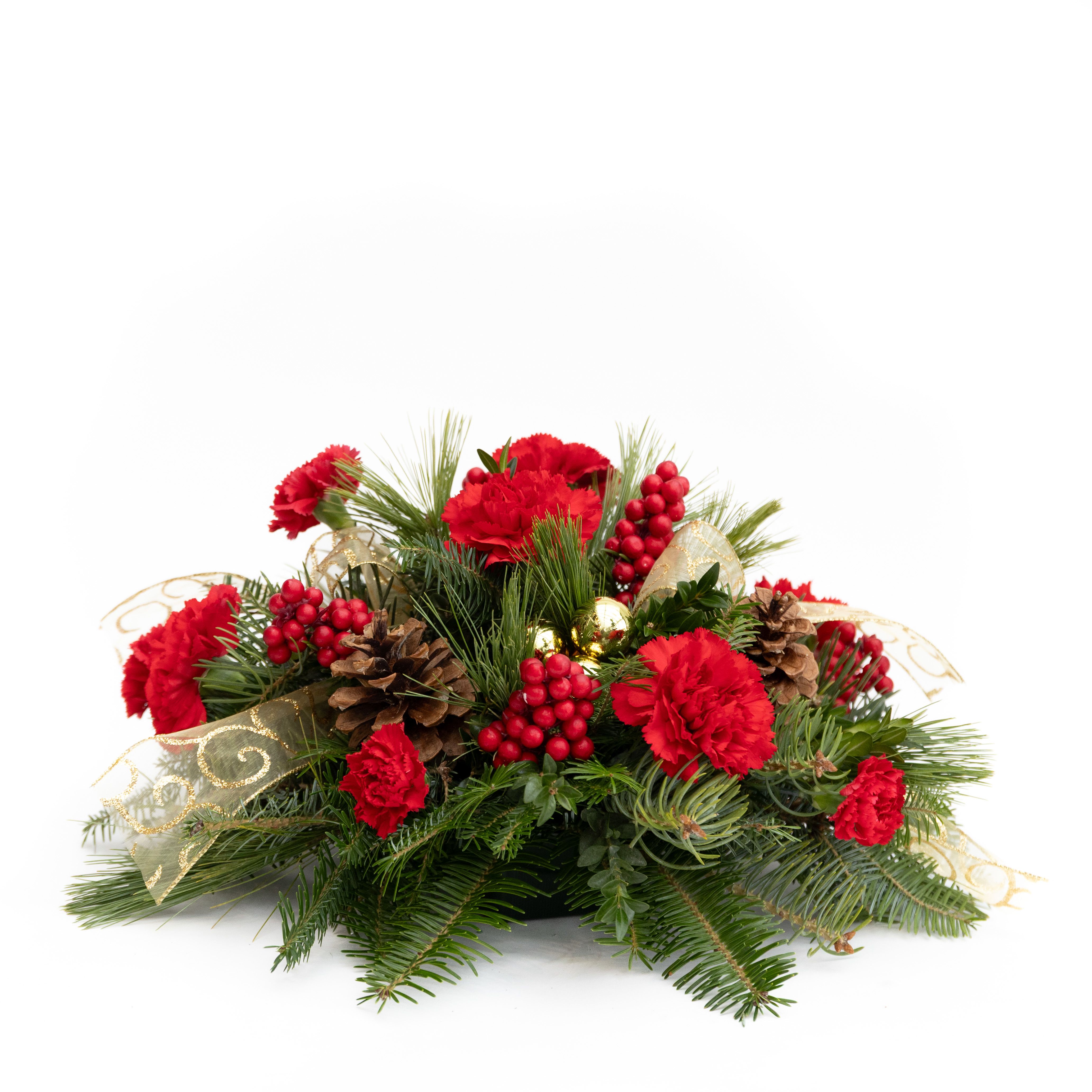 Christmas Hearth Centerpiece - Warm, classic, and full of festive charm, this arrangement brings the cozy feeling of a holiday hearth to any table. Lush evergreens create a rich, full base, beautifully accented with vibrant red carnations and clusters of bright red berries for a traditional Christmas palette. Natural pinecones add rustic texture, while soft gold ribbon and shimmering gold ornaments lend a touch of elegance. Designed low and full, this centerpiece is perfect for holiday dinners, gatherings, or simply bringing seasonal cheer into the home.