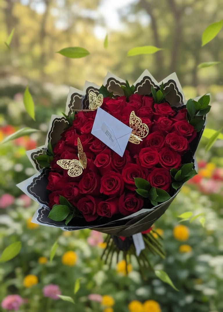 A Thousand Words in Red - An opulent bouquet of deep red roses, elegantly wrapped, stands as the centerpiece under the gentle sunlight. Three delicate golden butterflies and a sealed envelope hint at a secret, romantic message delivered with care. It is a stunning visual of love and beauty that captures the essence of a cherished moment in a vibrant, sun-dappled garden. (The paper may vary depending on store availability.) 