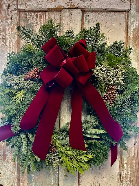 LARGE FRESH WREATH - This 26in large fresh wreath comprised of Balsam, Cedar, and Juniper accented with juniper berries and pinecones. The bow may be red, gold, silver, or burgundy; please specify the color of your choice in the notes section of the order. If no color is chosen then the bow will be the color shown in the photo which is burgundy. 