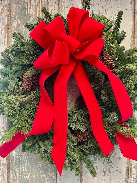Fresh Wreath - A 24in fresh wreath comprised of Balsam, Cedar, &amp; Juniper with pinecones and juniper berries finished with a bow. The bow will be red unless otherwise specified in the notes section of your order.  Other ribbon colors are burgundy, gold, or silver.