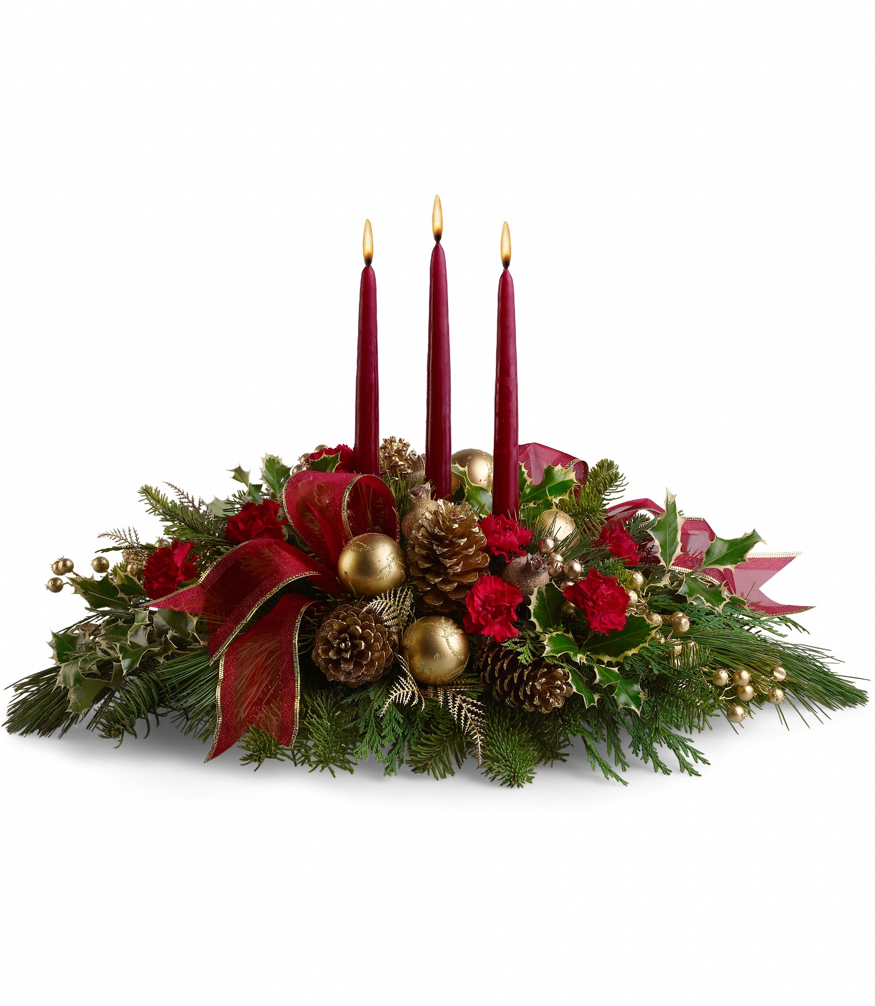 All is Bright - All will be bright this season when you order this joyful Christmas arrangement. A lovely centerpiece, it will light up the holiday festivities beautifully.  Miniature carnations are artfully on display with merry touches like shimmery ornaments, pinecones, berries, organza ribbon and holiday greens. Three graceful red taper candles add the perfect magical touch.  Approximately 23" W x 16" H  Orientation: All-Around  As Shown : T114-1A Deluxe : T114-1B Premium : T114-1C