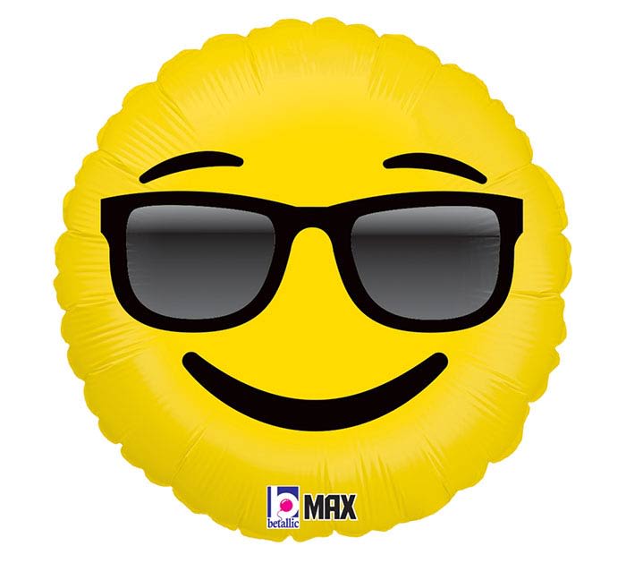 Sunglasses Emoji Smiley Mylar Balloon - An 18&quot; foil balloon inflated with helium and tied with a curly ribbon. 