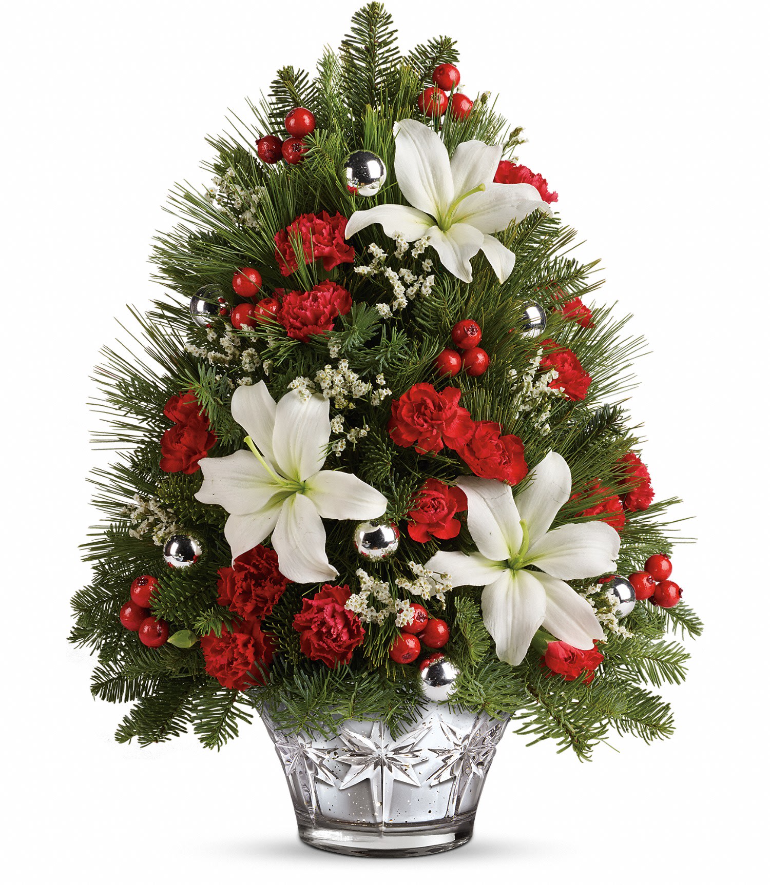 Telelfora's Festive Trimmings Tree - This impressive tree arrangement features white asiatic lilies, white limonium, miniature red carnations, white pine, noble fir, red berry sprays and silver ornament balls. Delivered in a Sparkling Star bowl. Approximately 15" W x 19 1/2" H