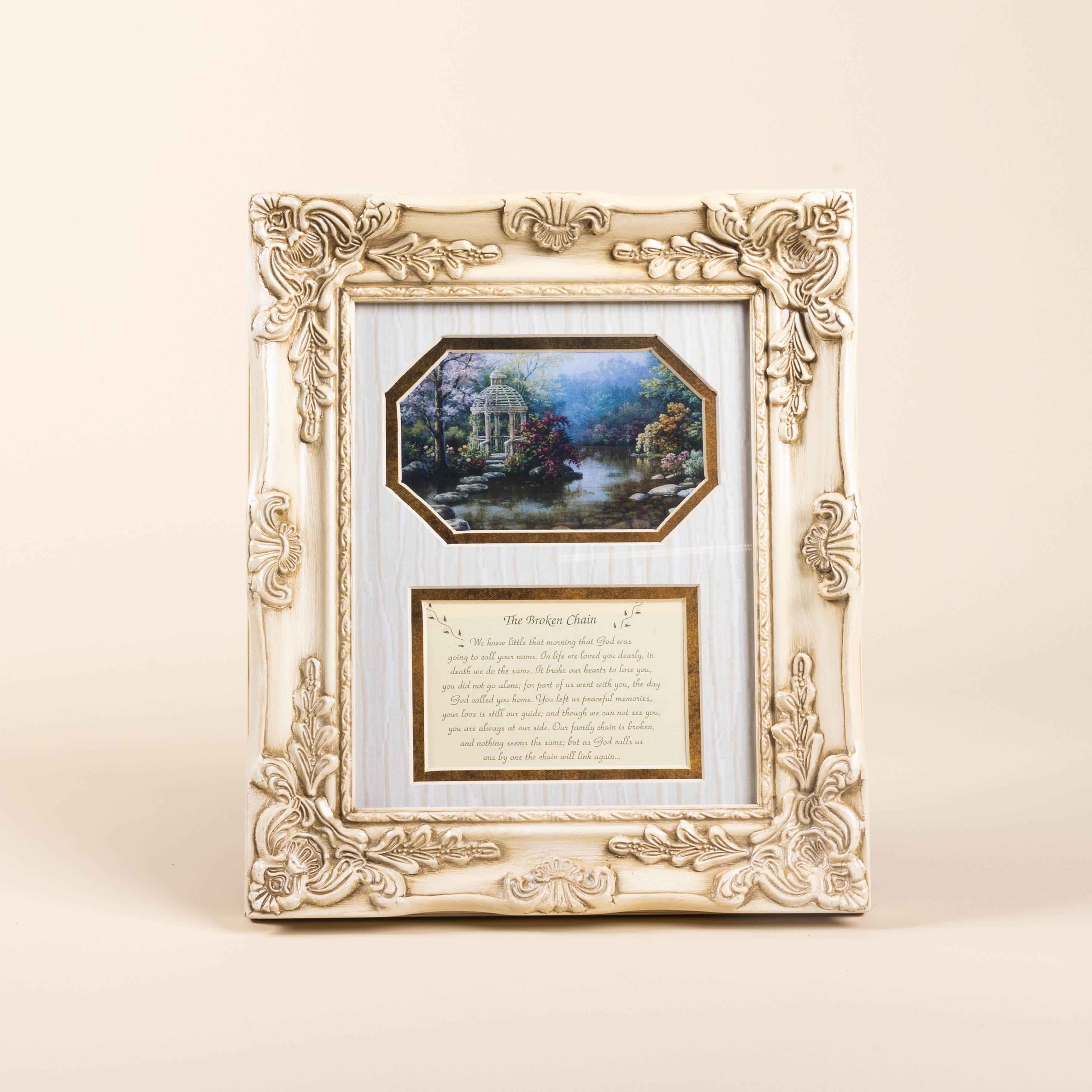 Sympathy Frames - 11” x 14” size frame with a variety of scenery and a variety of inspirational verses or poems together in one large frame; includes a coordinating bow.