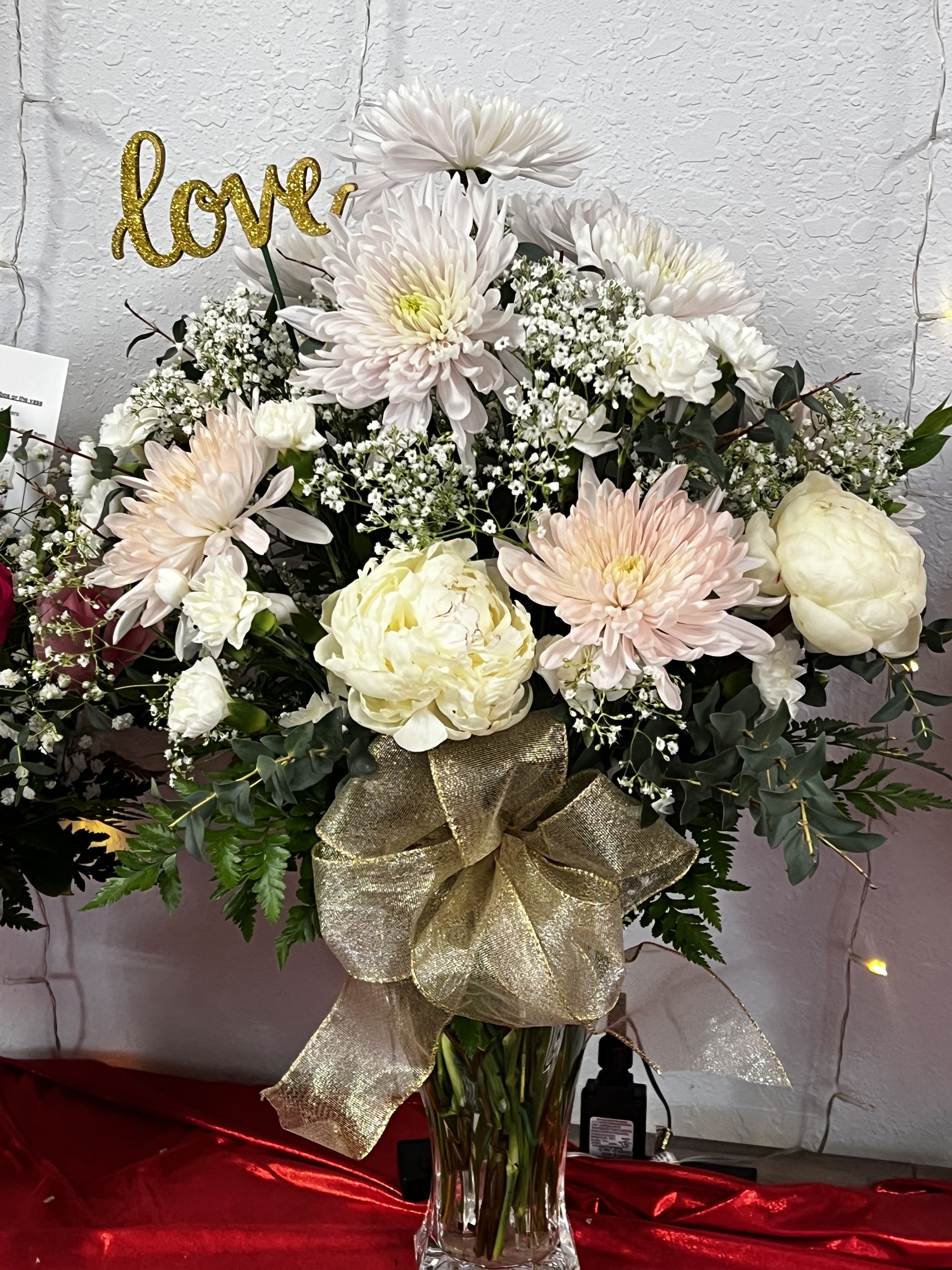 Peony and Mums Harmony - A beautiful vase arrangement of peonies and mums, perfectly blended to create a peaceful and elegant floral display perfect for any occasion.  Flowers colors varies depending on availability.