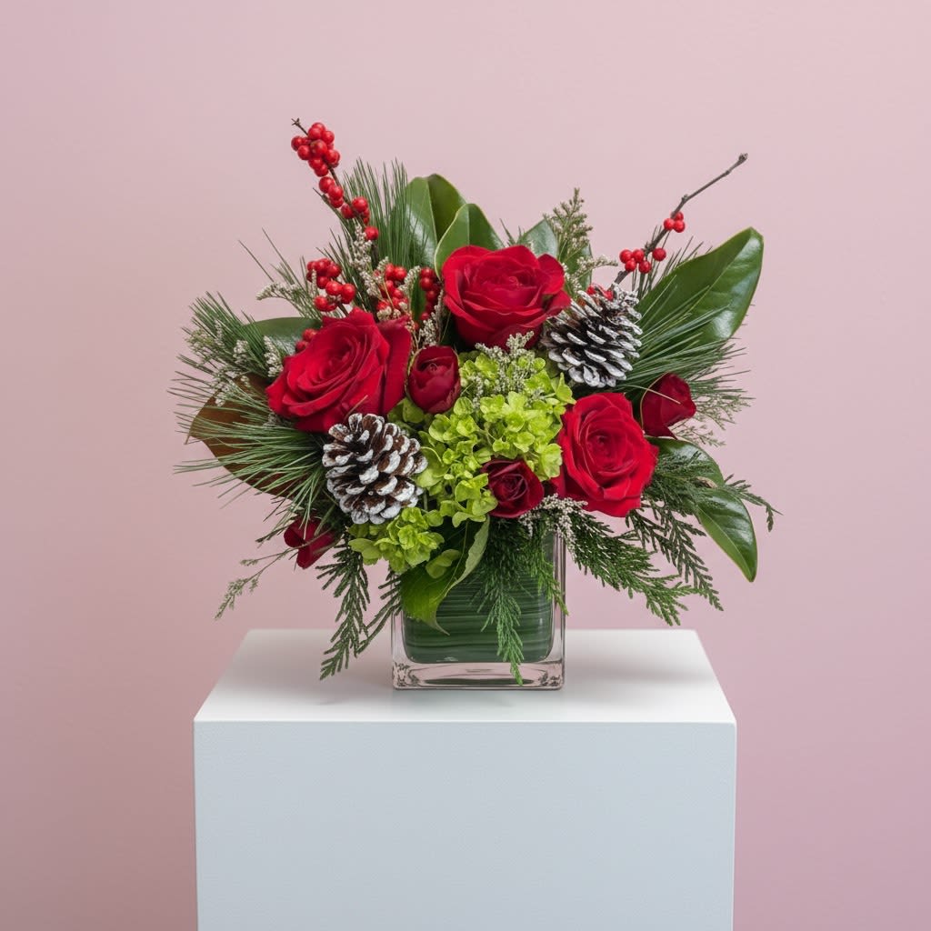 Christmas Rose Cube - Red roses, winter greens, and holiday accents arranged in a classic glass cube. A cozy and festive holiday piece.