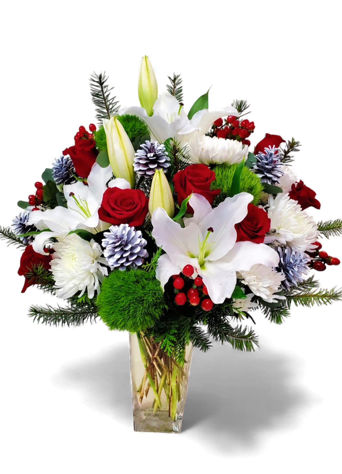 Joyful Holiday Bouquet - Joyful Holiday Bouquet  Celebrate the season with this stunning, handcrafted arrangement, embodying the quintessential spirit of the holidays. Lush shades of vibrant Red, crisp White, and festive Greens are expertly combined to create a breathtaking display. Presented in a tall, elegant glass vase, this bouquet is the perfect centerpiece or gift. Send this memorable design to deliver pure joy and holiday cheer to your loved ones this season.   Dimensions: Approximately 22&quot; H x 18&quot; W  Important Note on Availability: Due to seasonal availability and to ensure your bouquet is delivered promptly, we reserve the right to substitute flowers of equal or greater value while maintaining the overall color palette (Red, White, and Green) and aesthetic of the design.