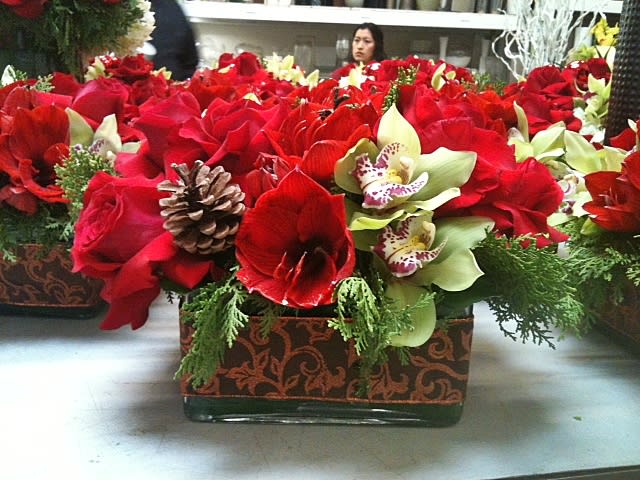 Holiday Delight - Spectacular both as a gift or holiday table centerpiece, this low and lush bouquet combines one of our favorite winter flowers--the amazing amaryllis--with orchids, roses, winter greenery, and pine cones. Vase is accented with cheerful seasonal ribbon for an extra elegant touch. Approx. 14&quot; square.