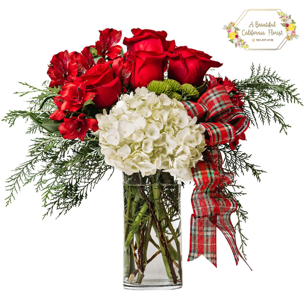 Bee Merry! - Honey, you are going to love this one!  Bee Merry will have them buzzing with joy. Red Alstroemeria and Roses are partnered with a white Hydrangea and plaid ribbon for this fun inspiring design. Holiday flowers from A Beautiful California Florist offering same day delivery!