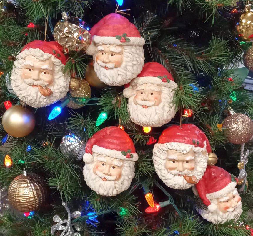 Six Vintage Santa Ornament  - These Vintage Santa Heads will enhance the Christmas tree forever made of durable resin that are unbreakable. 
