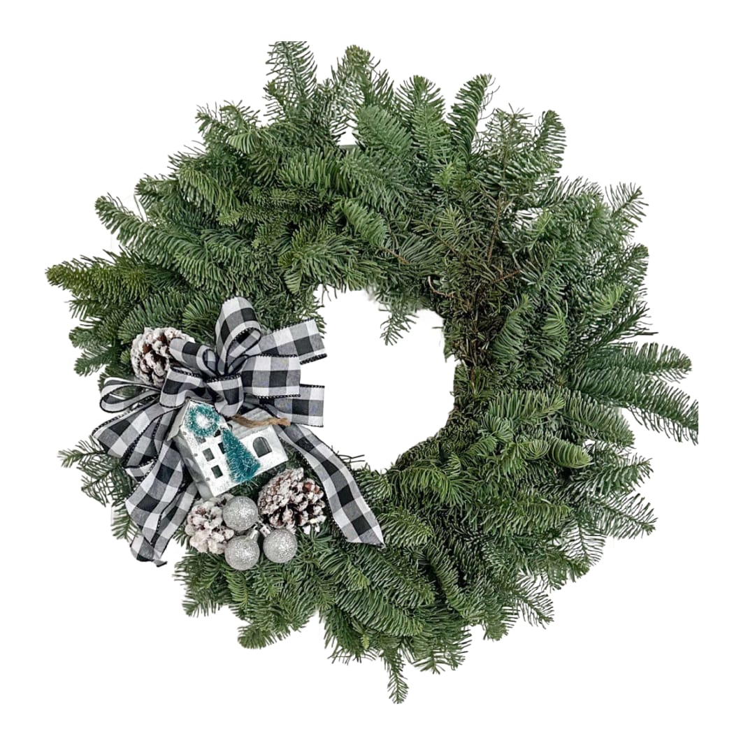Farmhouse Christmas Wreath - This fresh wreath is the perfect gift.   Send it to a neighbor, friend, or yourself! Comes with pinecones, mini ornaments  and a farmhouse ornament   It comes with a black and white buffalo plaid bow, if you would like a different color please indicate it in the notes!  