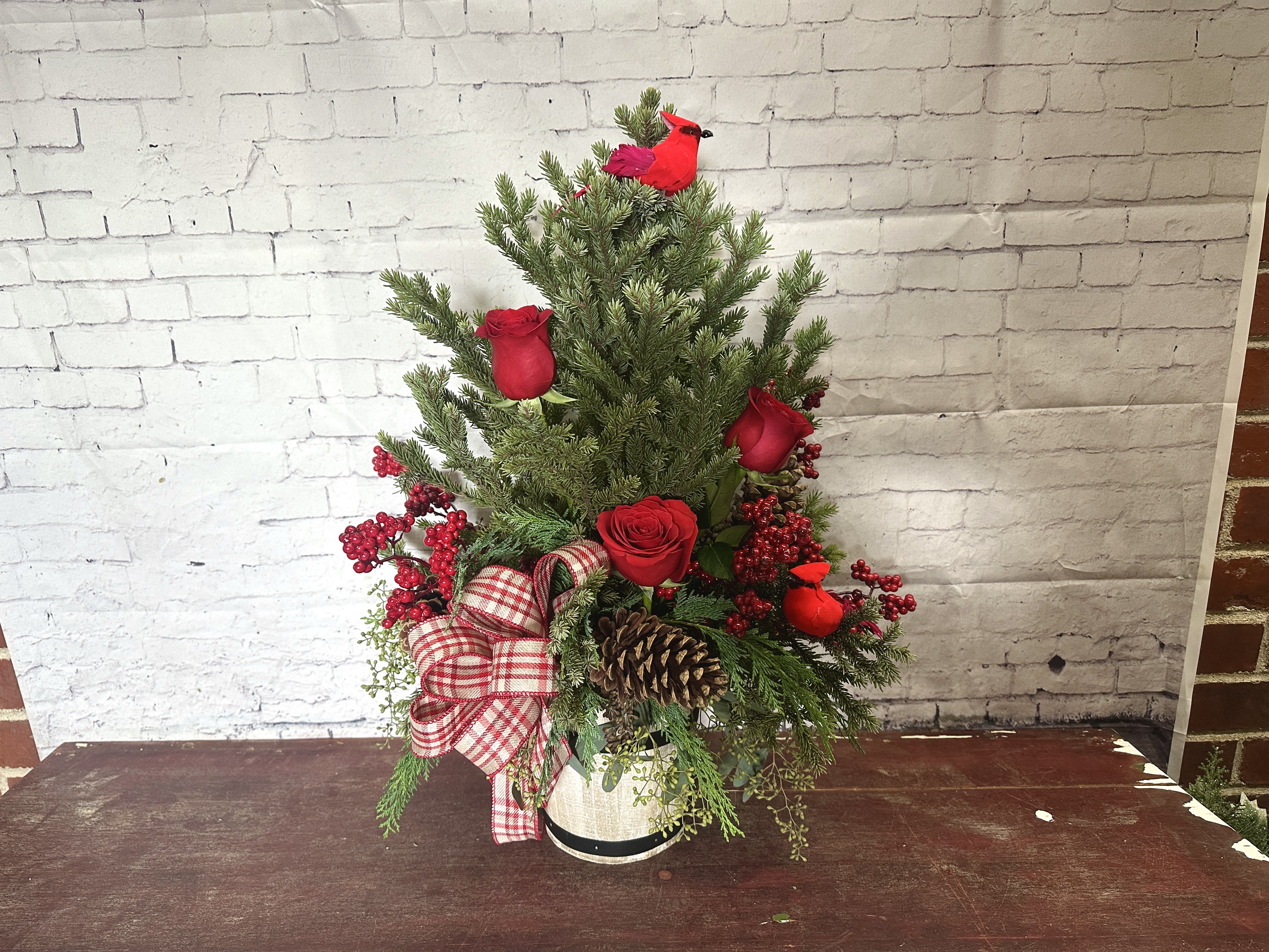 Country cardinal  - Country barrel with a fresh cut spruce top decorated cardinals, roses, and berries