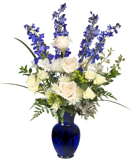 HANUKKAH MIRACLES FLORAL ARRANGEMENT - Celebrate the miracle of Hanukkah and the Festival of Lights with a beautiful blue and white bouquet from Amor Florist &amp; Gift Baskets. Call our shop or order Kissimmee, FL Hanukkah flowers now from our website. 