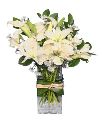 FRESH SNOWFALL VASE OF FLOWERS - White lilies, roses and mini callas are the feature flowers in this stylish Fresh Snowfall arrangement.