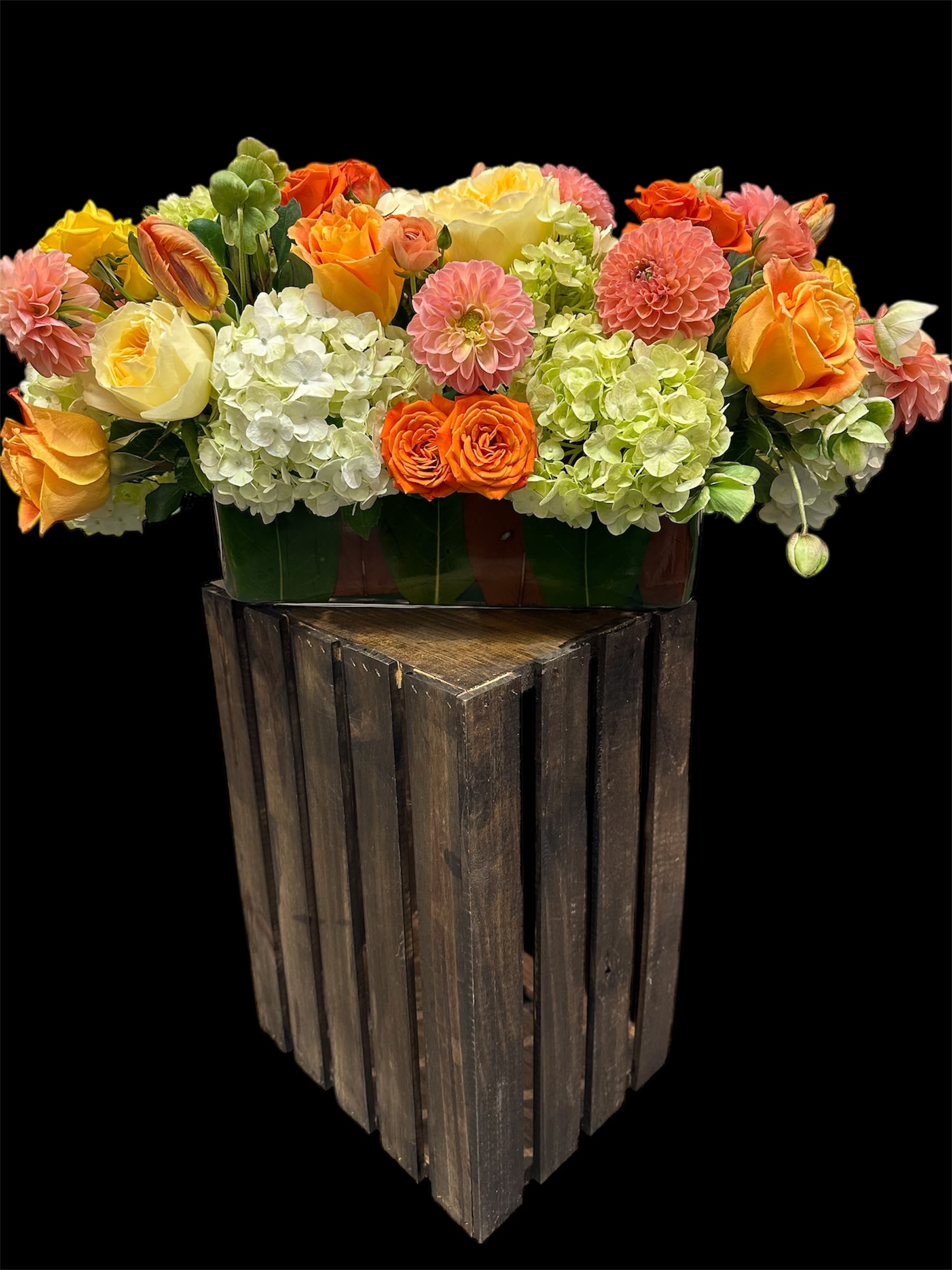 BRIGHT ORANGE #2 long centerpiece  - an extremely exotic touch, with GARDEN ROSE, with DAHLIAS, and orange tulips, and champagne spray roses, and HELLEBORUS, and a touch of RANUNCULUS, Butterfly colors inspired by THANKSGIVING