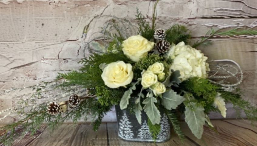 Jack Frost - A Piper Mountain country tin overflowing with hydrangea, roses and holiday accents. Wintery and shimmery. Perfect for a hostess gift or holiday party! 