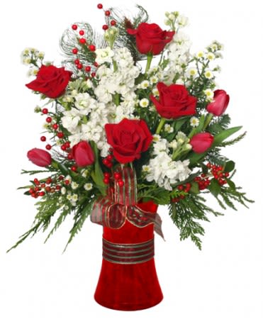 HOLIDAY HAPPINESS CHRISTMAS ARRANGEMENT  -  This HOLIDAY HAPPINESS bouquet is chockful of reds, whites, and plenty of holiday style and elegance