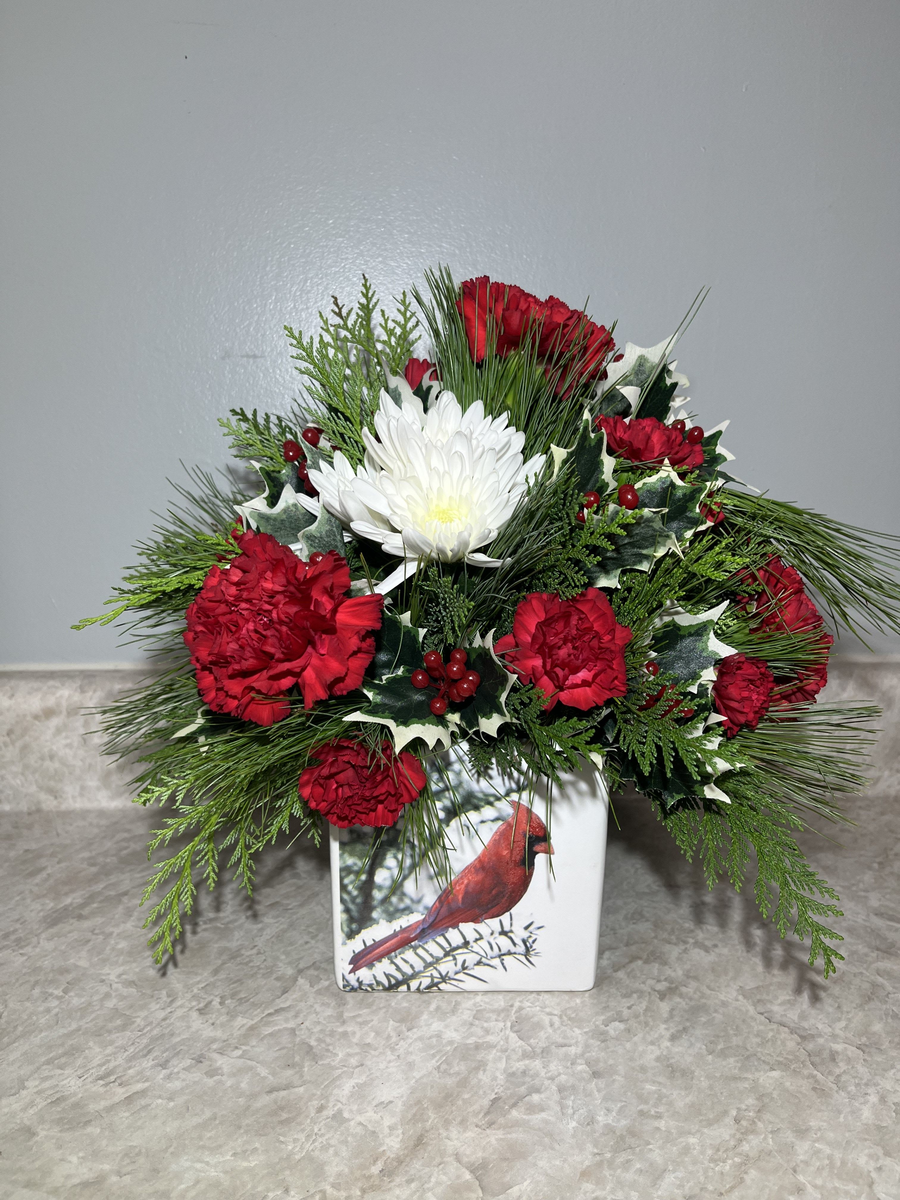 Cardinal Peace Bouquet - 6&quot; Ceramic cube with an assortment of red &amp; white fresh flowers