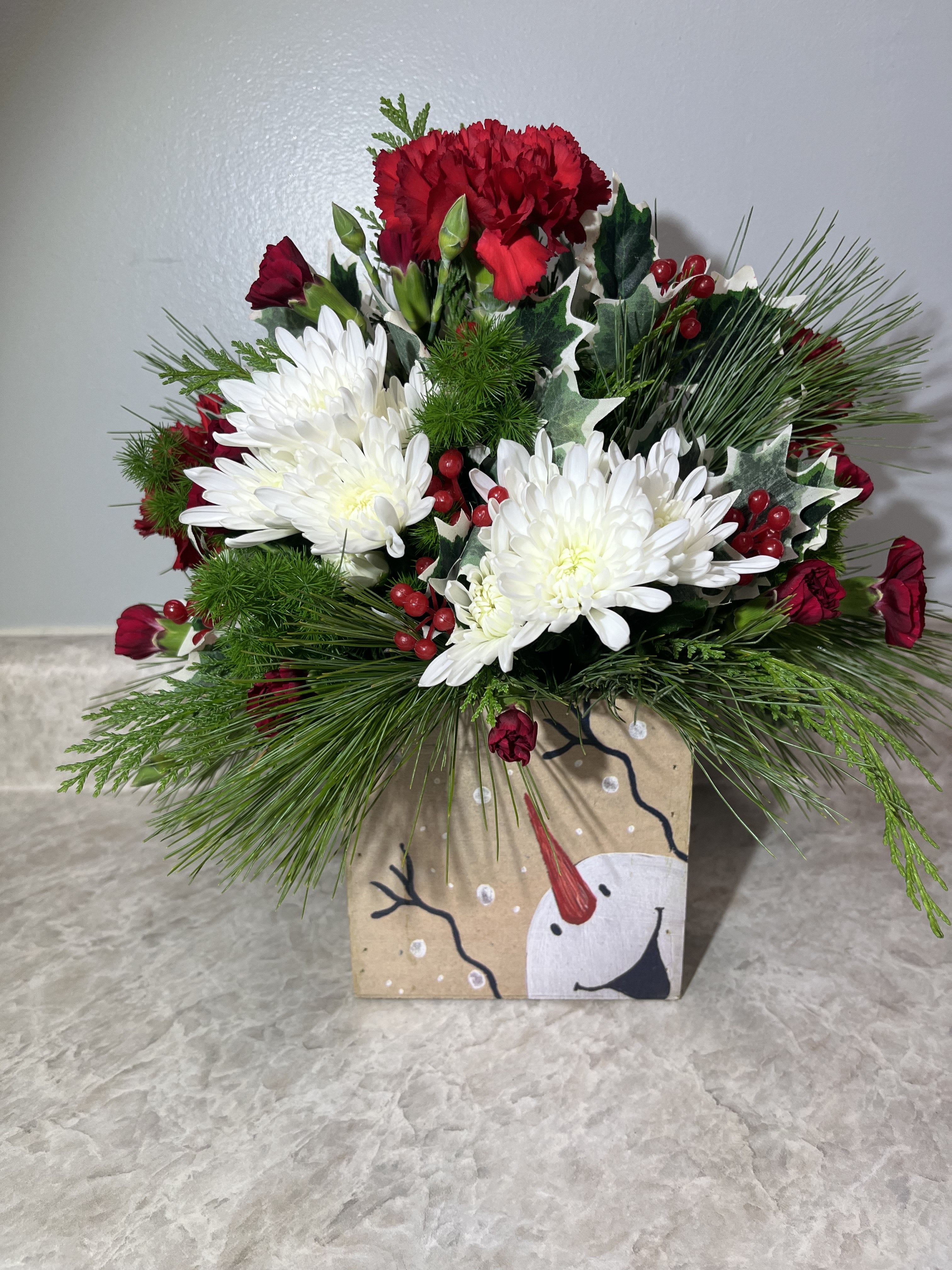 Snowman Surprise Bouquet - 6&quot; Wooden box with snowman charm includes red &amp; white assortment of fresh flowers