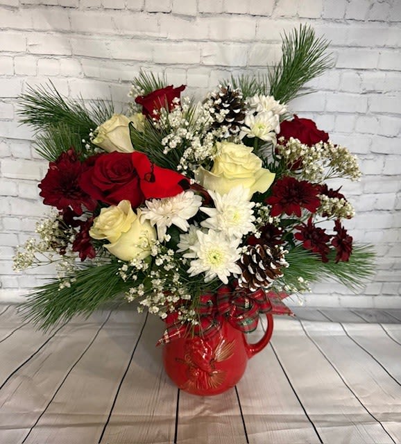 Cardinal Cheer - A red glazed pitcher adorned with a cardinal and filled with roses and mums.   Approx. 18" H x 15" W