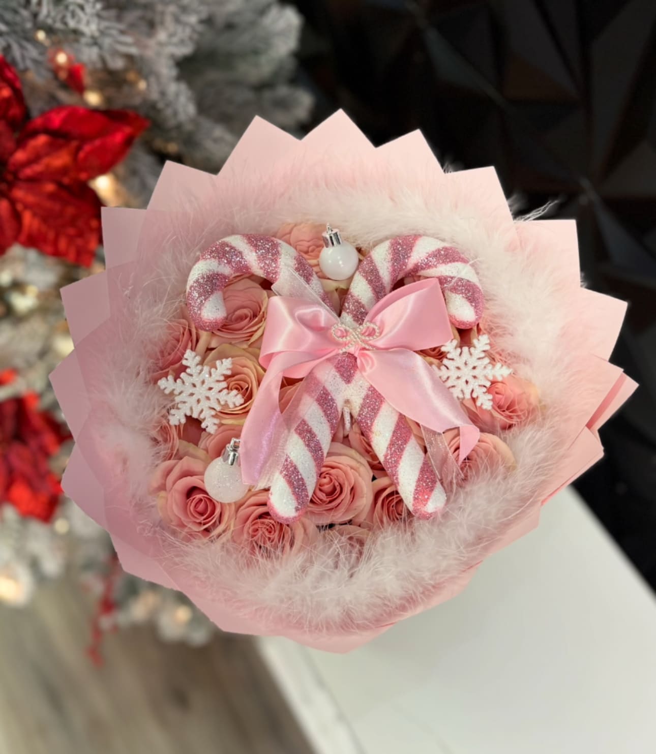 XMAS pink candy cane  - Glittery pink candy cane bouquet. Perfect for the holidays  25 Count pink roses , with Christmas decorations 