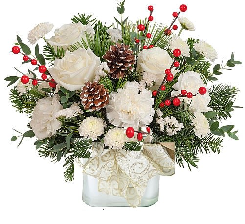 joyful holiday Bouquet -   This Christmas bouquet carries your best wishes for a joyful holiday season with vibrant crimson blooms and fresh forest greens,White blooms represent peace, gratitude, and new beginnings 