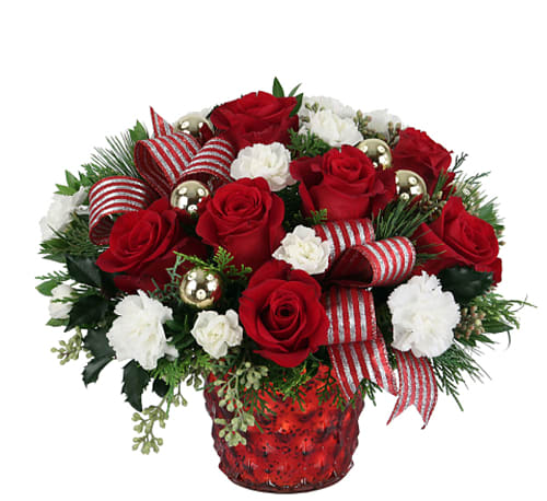  Holiday Season!Arrangement - This year, send your season cheer with our original   Holiday Season! arrangement, a stunning composition of roses and carnations in reds, whites, and greens arranged in a pretty red tinted glass container. What a fantastic way to brighten up the holiday season! Order now and check this one off your Christmas list!