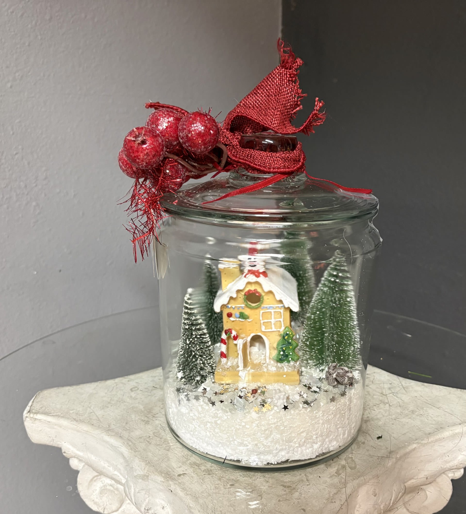 PK Holiday Decor- small snowy home - A wonderful, beautiful, jolly assortment of miniature holiday decor contained within a glass jar. Makes more an excellent gift or treat to yourself. 