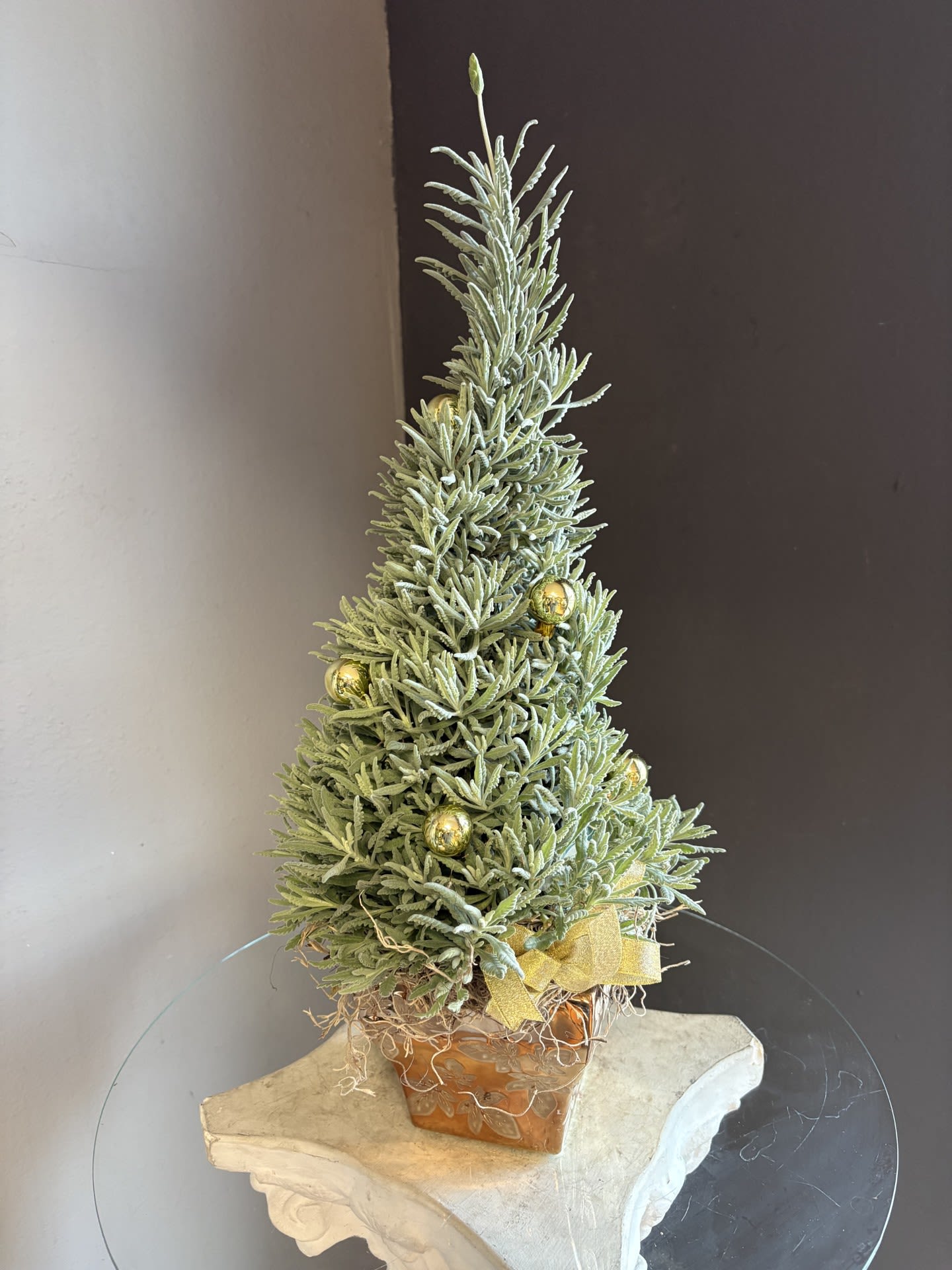 Holiday Lavender Tree (gold vase, gold mini ornaments) - A small decorative lavender tree in a beautiful ceramic vase, dressed up in mini gold ornaments. Not pet friendly
