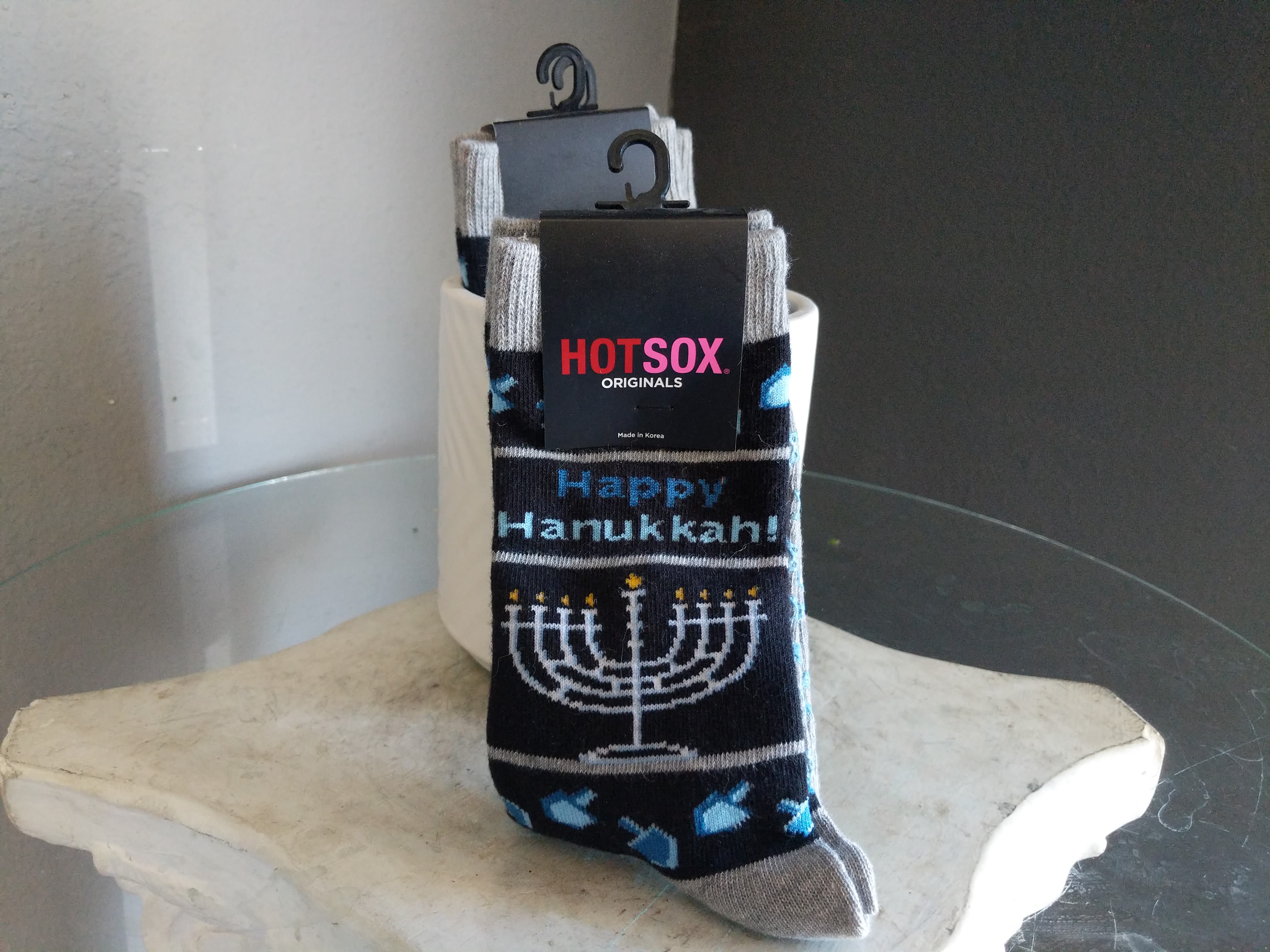 Happy Hanukkah! HotSox - These festive cotton-blend socks are certain to brighten up the holiday 