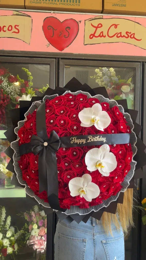 Orchid And Pearl Skirt Rose Buchon Floral Arrangement - Each arrangement is fully customizable, allowing you to choose the perfect colors to match your style and occasion. Feel free to add any other changes in the checkout notes!  Rose buchon with ribbon, pearl skirt and three orchids. Ribbon is fully customizable 