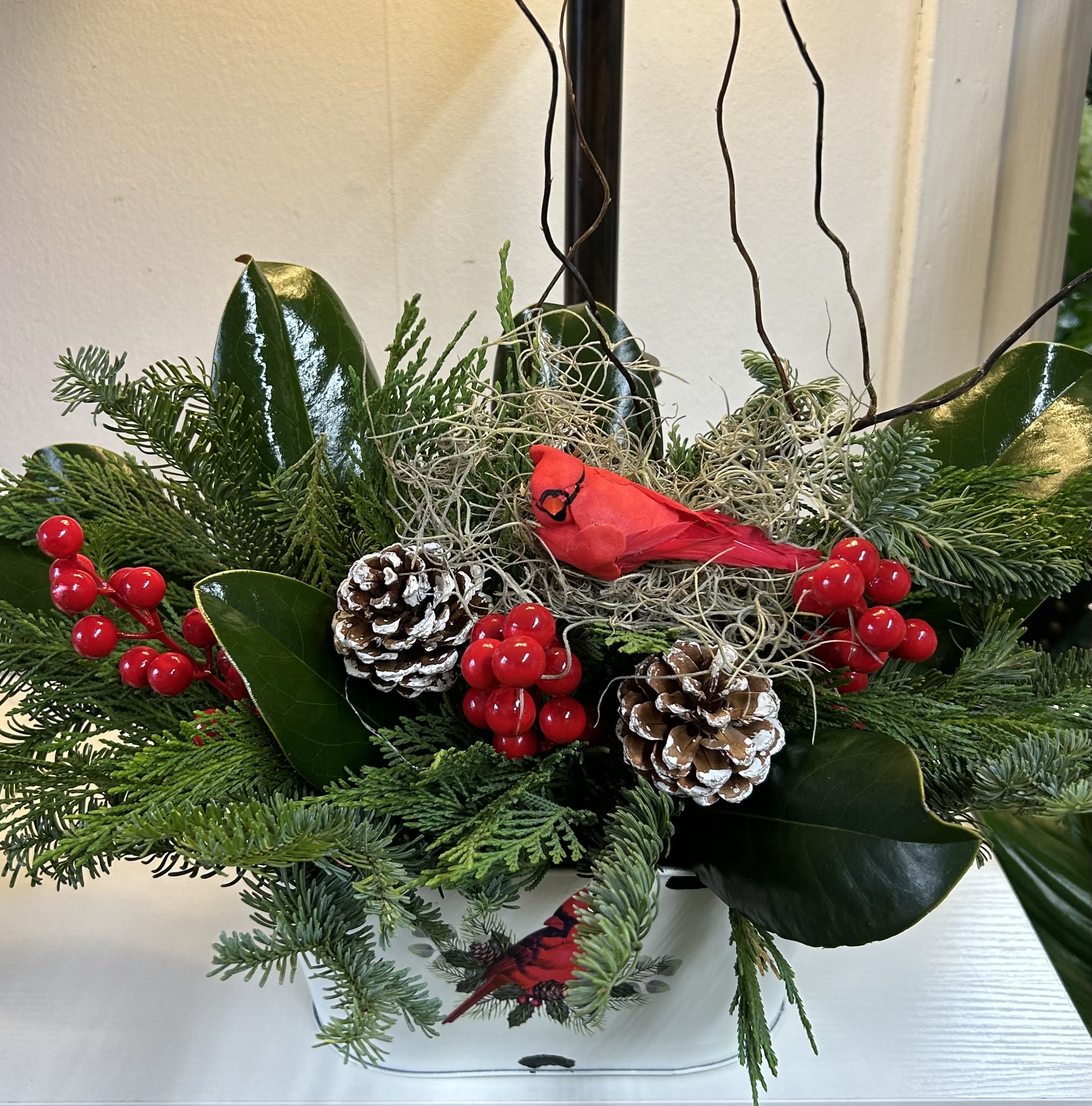Christmas Greenery cardinal planter - Cardinal planter with assorted premium Christmas greenery With pinecones and Christmas berries