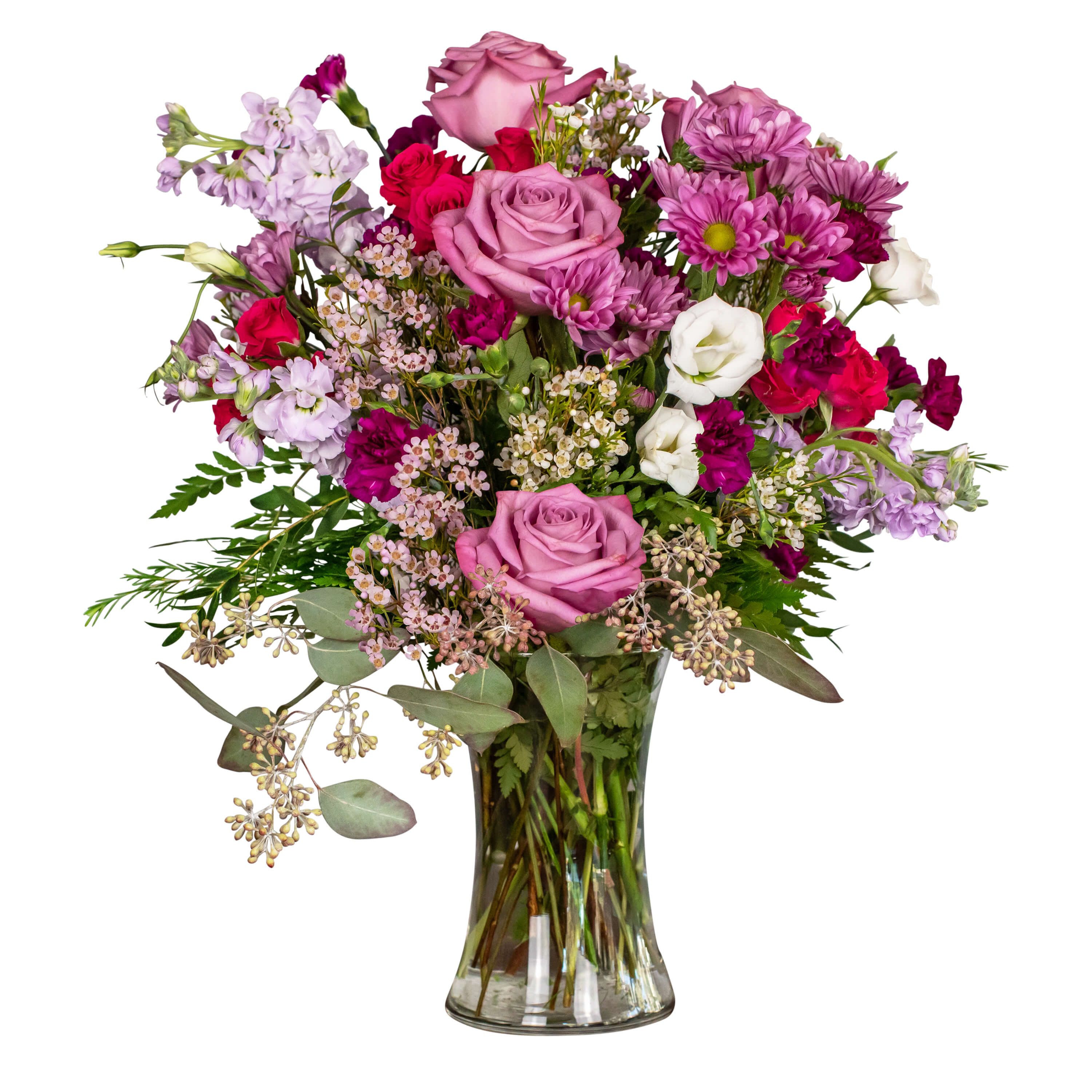 Moody Mauve - TMF-1666 - In the mood for beauty and grace? Moody Mauve is sure to set the right mood. Flowers like roses, chrysanthemums, and stock fill our small gathering vase with beauty.  Approximately 18&quot;W X 23&quot;H