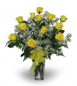 Yellow Roses Vased - 12 yellow roses , baby's breath and greens in a vase with a bow.  $85.00 24 yellow roses , baby's breath and greens in a vase with a bow.  $160.00 50  yellow roses , baby's breath and greens in a vase with a bow. $310.00