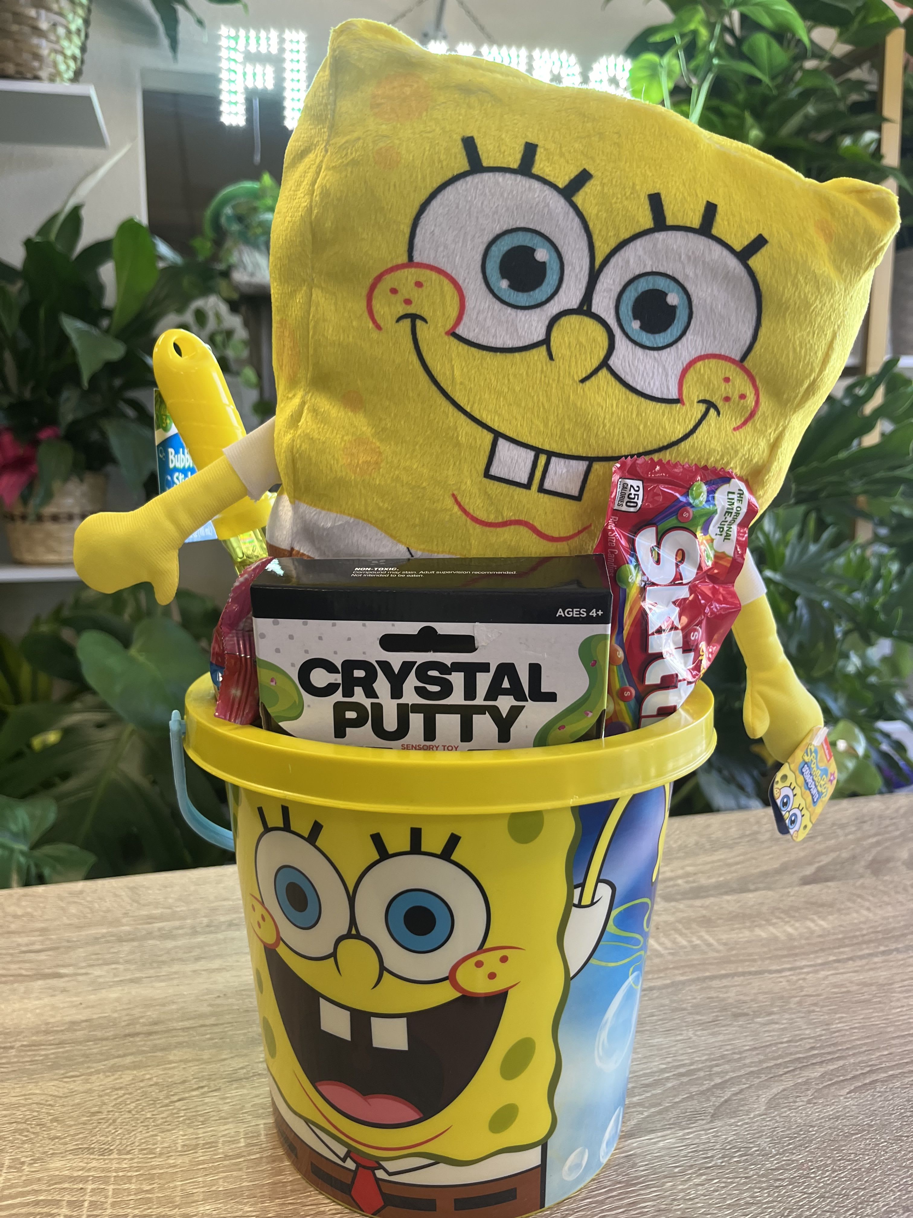 Sponge Bob Gift Basket  - Fun  Sponge Bob Bucket with plush , candy , bubbles and putty