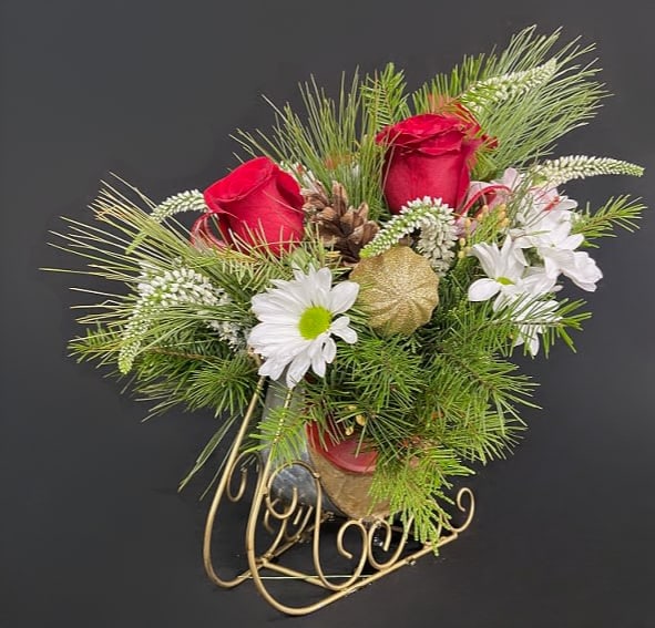 Dashing Through December - Oh what fun it is to order a sleigh full of fresh pine and flowers! This cute sleigh vases are hauling fresh pine, red roses, white daisies, veronicas and real pinecones - accented with a festive bow!