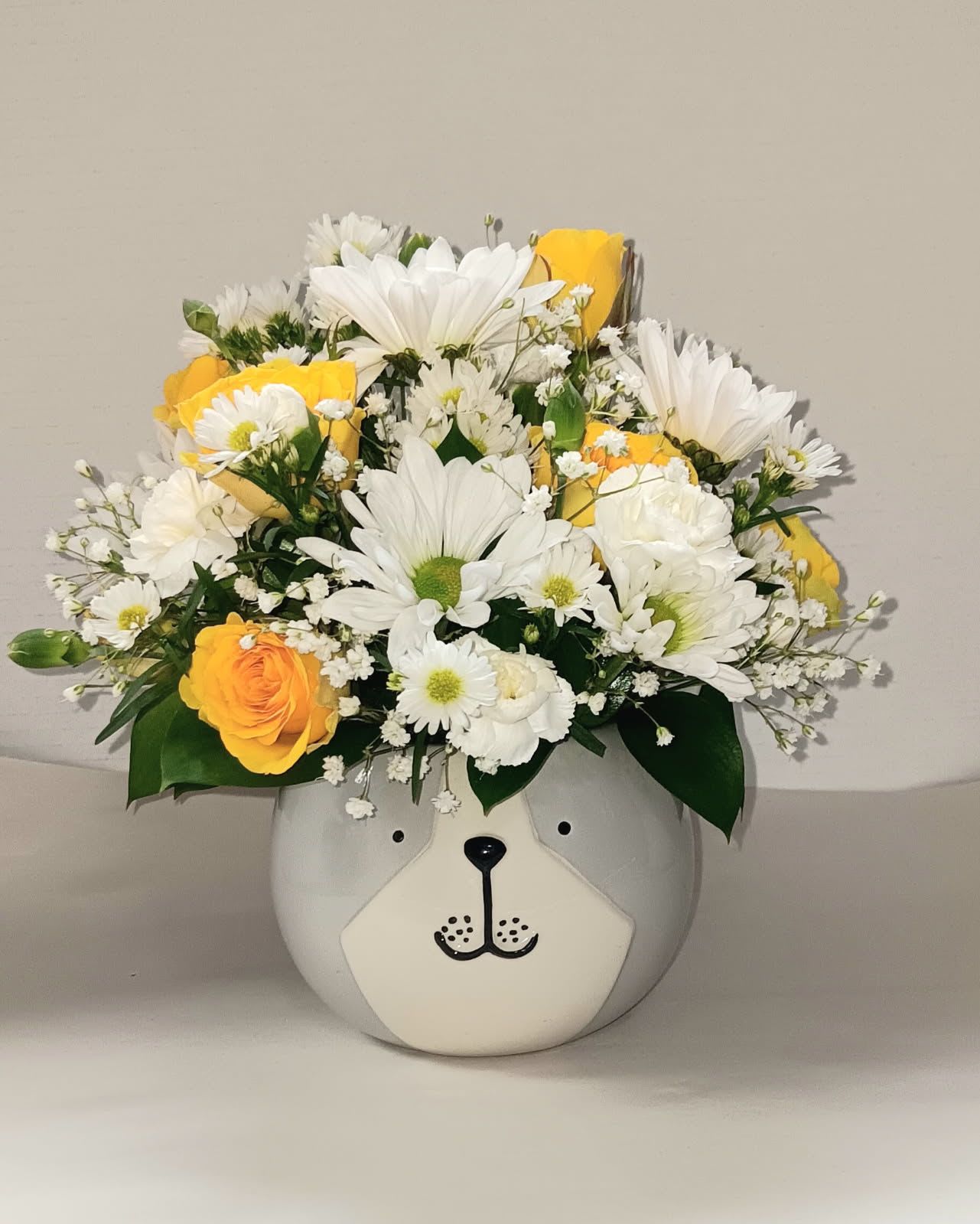 Retiring Soon - Animal Crackers - Bull Dog Daisy - Retiring Soon Only 1 Left - What a unique and fun container - a Bull Dog! This arrangement comes full of white daisies and yellow roses.