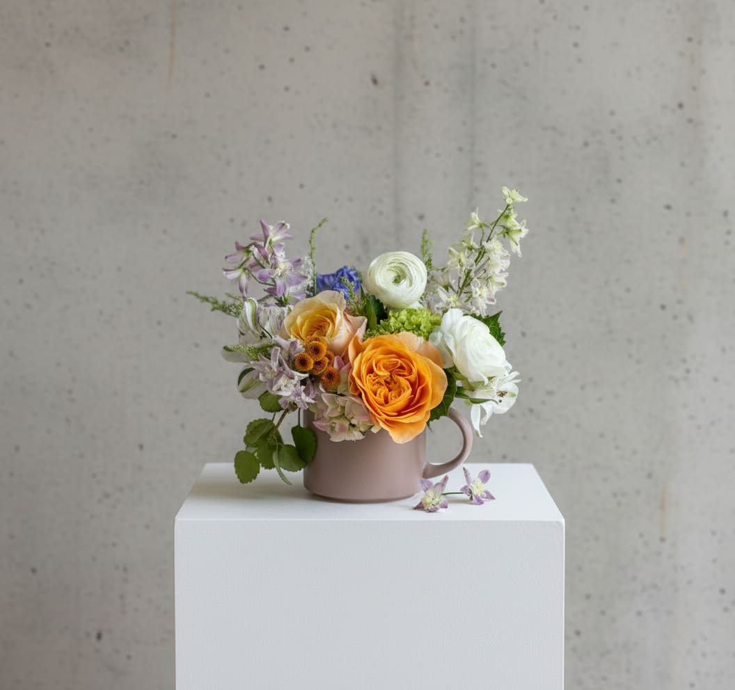 Cup of Blooms - Tea Cup Arrangement with our seasonal blooms. This is the perfect gift for any occasion.