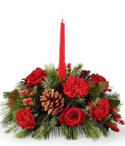 Tranditional candle centerpiece - Send some holiday cheer today with this festive evergreen and red rose centerpiece. It makes a perfect gift for that special host or hostess on your list, or can be used as a charming decoration for your own table. Celebrate the yuletide spirit with this classic centerpiece that you'll be proud to show off to friends and family.  Includes: