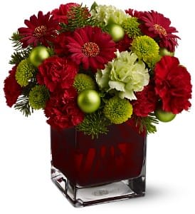 Teleflora's Noël Chic - To create the perfect Noël this year, send this lovely holiday gift of fresh red and green flowers and gleaming ornaments, arranged in our signature crimson glass cube vase. Perfect for friends, distant family members and all of your favorite business associates.  A mix of fresh red and green flowers, evergreens and green ornament balls is delivered in a Teleflora red glass cube vase.  Approximately 9&quot; (W) x 10&quot; (H)  Orientation: All-Around  As Shown : TFWEB273