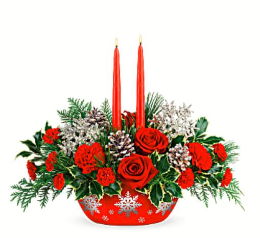 Winter Eve - Make the winter's eve table shine with this festive candlelit centerpiece of radiant red roses and winter greens, artfully arranged inside a hand-glazed, oven-to-table ceramic serving dish that shimmers with swirling silver snowflakes! Make the winter's eve table shine with this festive candlelit centerpiece of radiant red roses and winter greens, artfully arranged inside a hand-glazed, oven-to-table ceramic serving dish that shimmers with swirling silver snowflakes! •Orientation: All-Around 