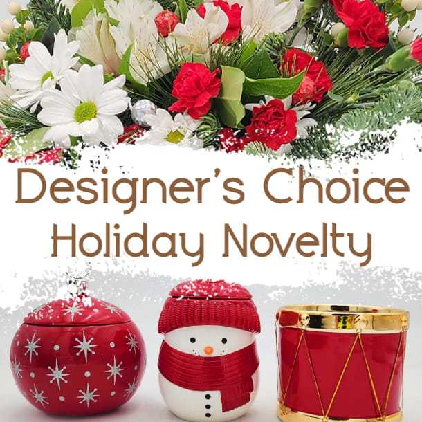 Designer's Choice: Holiday Novelty - A mixed bouquet of red and white flowers and winter greens in a fun novelty vessel.  Designer's Choice Arrangements are Hand-Crafted. The flowers &amp; vessel are chosen by the Designer based on our available inventory.  The actual Vase/Vessel used for your arrangement may differ from those pictured. We will choose a fun holiday themed vase that fits the design.  *Display photo is for reference/example only. If you are looking for a specific vase please order from our pre-made selections or give us a call.*